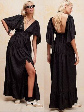 Free People Ethereal Witchy Fairy Cha Cha Maxi Dress Black Large Bohemian Goth